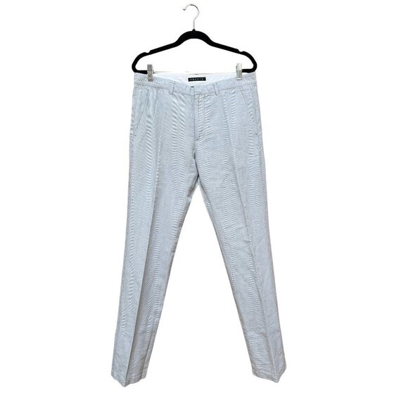 Theory Linen Pinstripe Tapered Leg Pants Mid Rise Blue White Size 31 - Picture 1 of 9